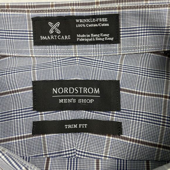 Nordstroms Mens Windowpane Button Up Long Sleeve Dress Shirt Trim Fit Blue-17.5 - Picture 5 of 12